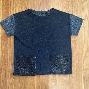 Banana Republic Boxy Black Sequin Pocket Short Sleeve Top Zipper Back Size XS